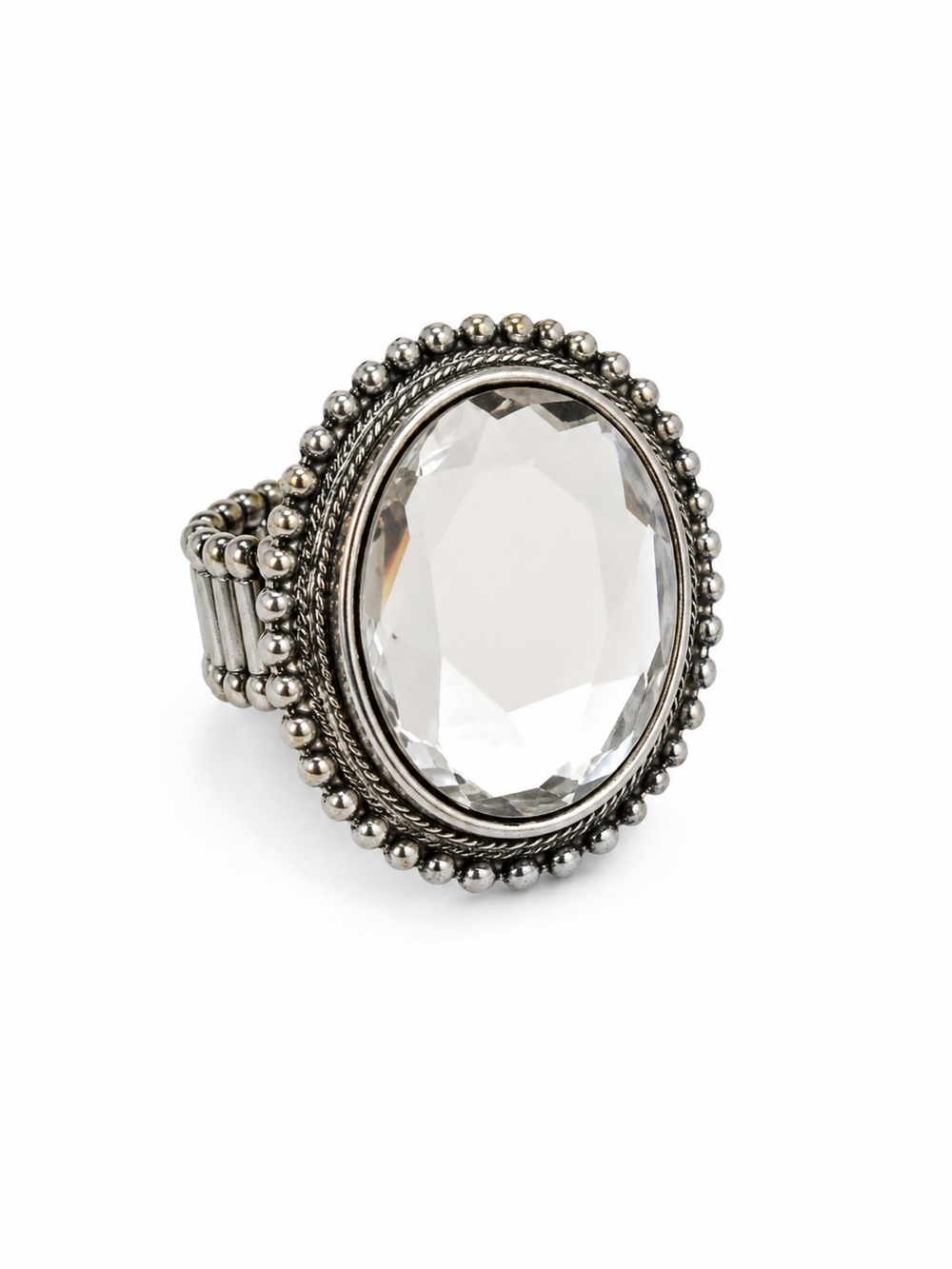 Vintage Oversized Clear Faceted Crystal Stretch Cocktail Ring Silver Tone